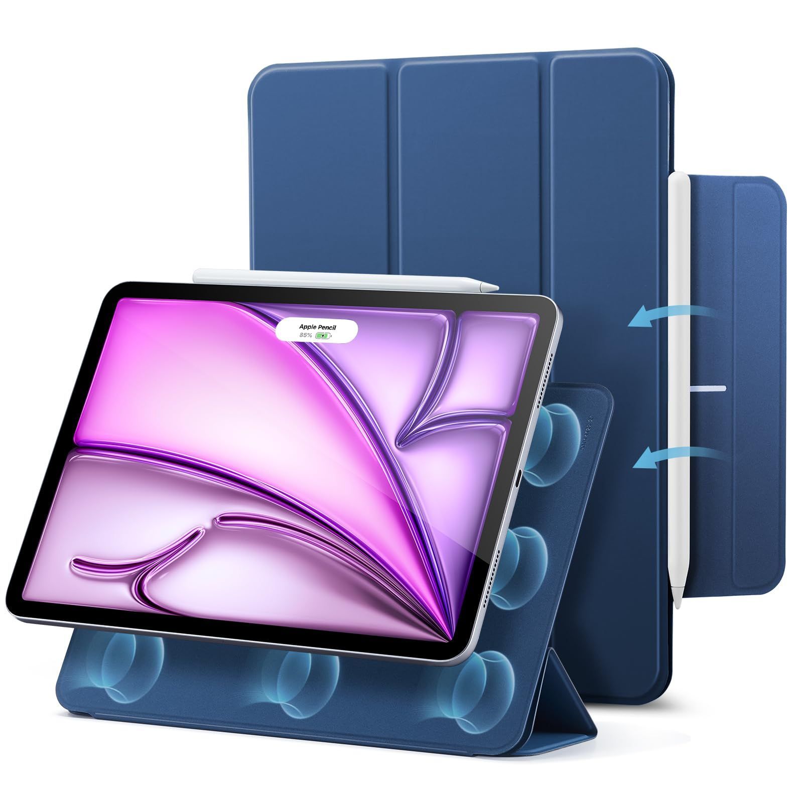 Air 13インチ、Pro 12.9インチ 第6/5/4世代_ブルー ESR iPad Air 13インチ ケース（2024）iPad Pro 12.9 ケース(2022/2021/2020) 強力マグネット吸着式、スリムな三つ折りスタンドケース、Pencil