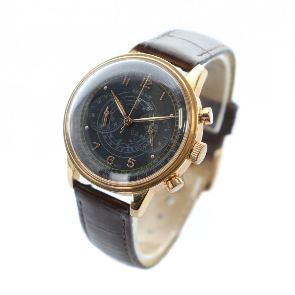 SONNE ゾンネ H1001 腕時計 ウォッチ クォーツ 黒文字盤 レザーベルト ゴールド色 GY18 |MQ