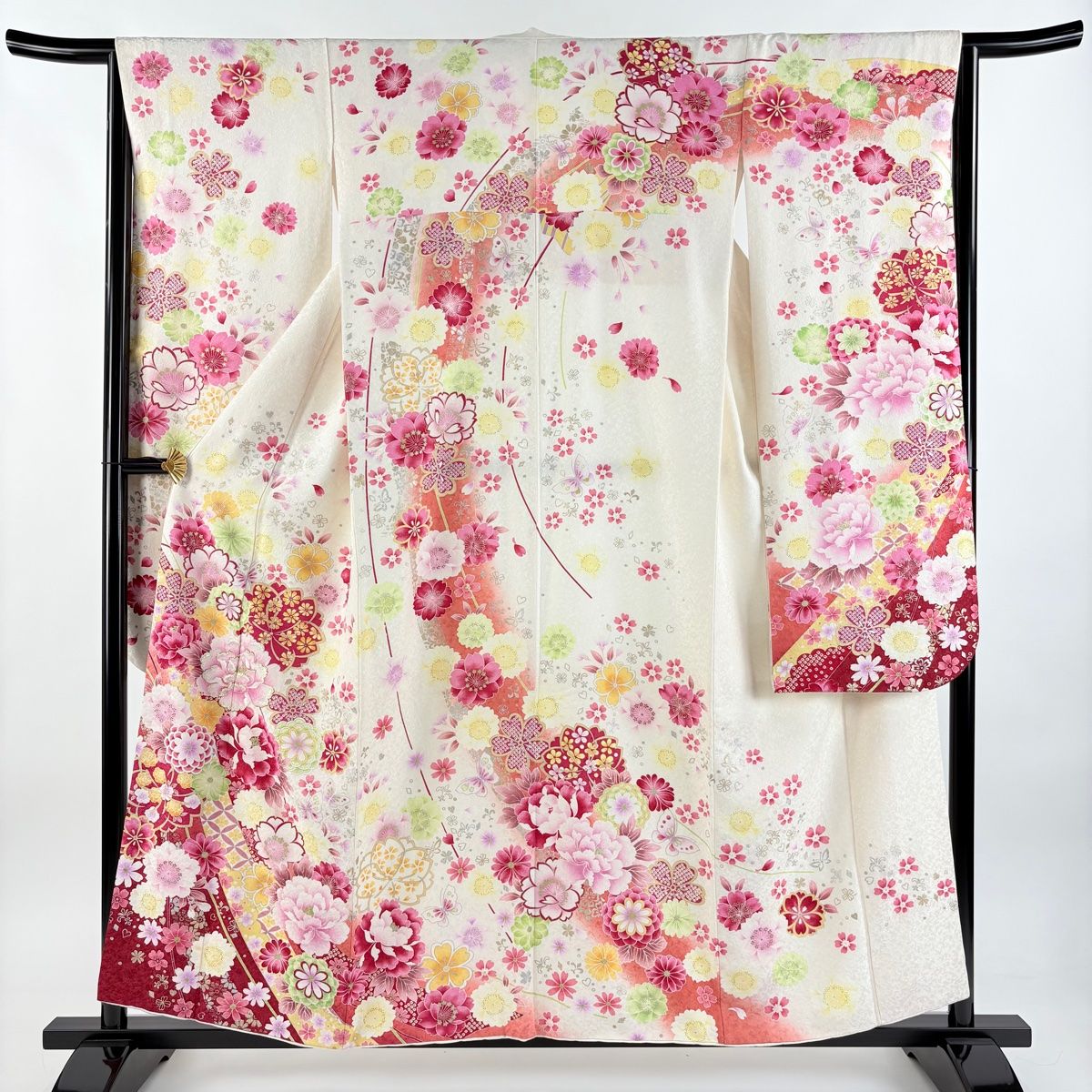 振袖 身丈157.5cm 裄丈64.5cm M 袷 牡丹 桜 銀通し 箔 クリーム 正絹