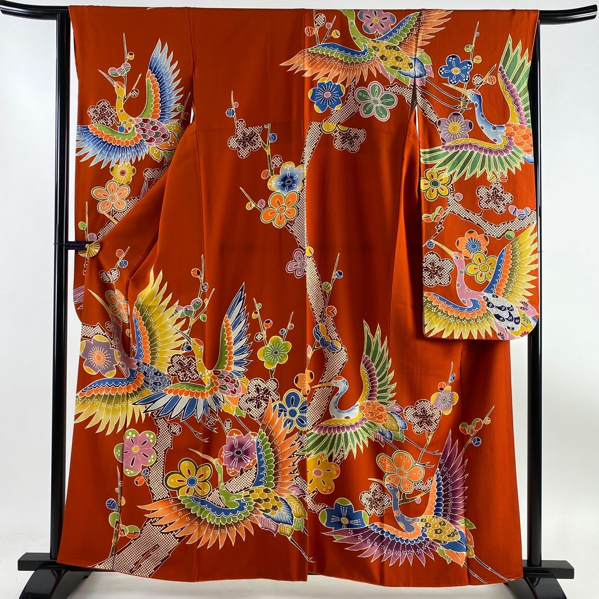 振袖 身丈162cm 裄丈64.5cm M 袷 鶴 枝梅 朱色 正絹 名品 【中古】 