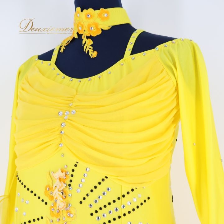 社交ダンス 衣装 ドレス ドレス ワンピース 黄色 フロート デモ 競技 パーティ 発表会 イエロー系 明るい フリル 豪華 スカート 2枚重ね ダンスコスチューム イベント用 ステージ衣装 レディース おしゃれ LLC-HASEGAWATOSO_COM