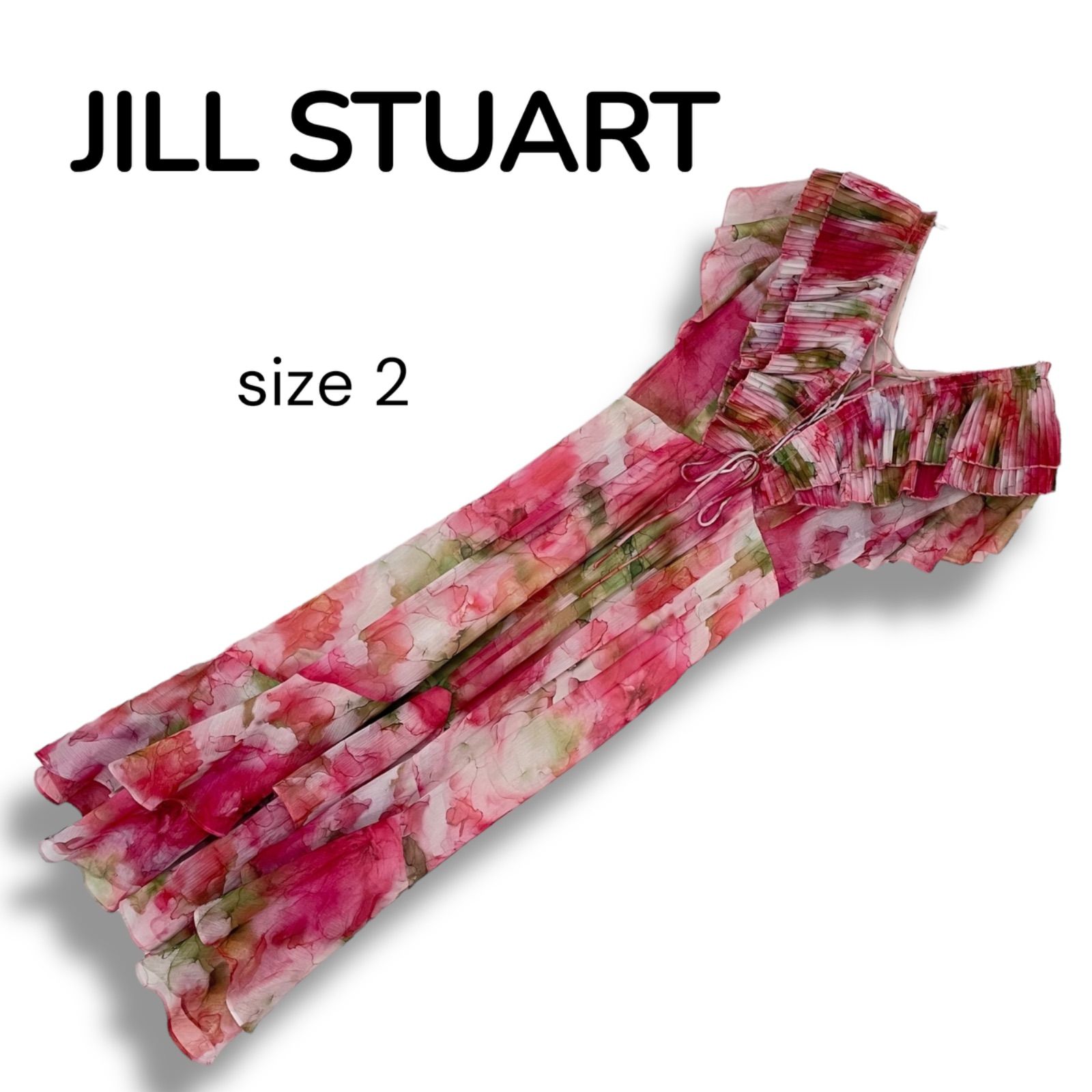 JILL STUART ジルスチュアート ピンク×レッド 花柄ワンピース フリル袖 シフォン素材 ポリエステル 日本製 2 Mサイズ相当 レディース フェミニン 0000488OC