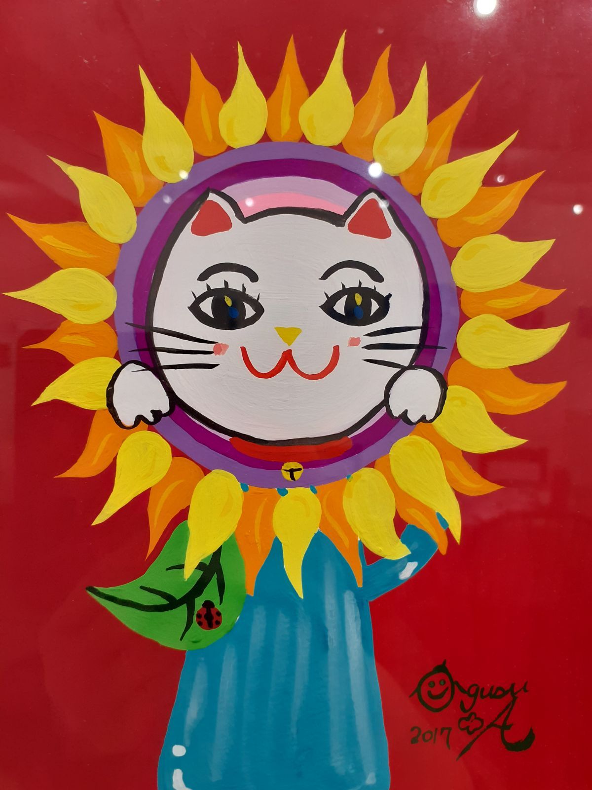 世界の窓からこんにちは　ハッピー太陽画家　小楠アキコ作品　19×14cm　額付 カラフルな招き猫のポップアート絵画色紙サイズ画家小楠アキコ作品