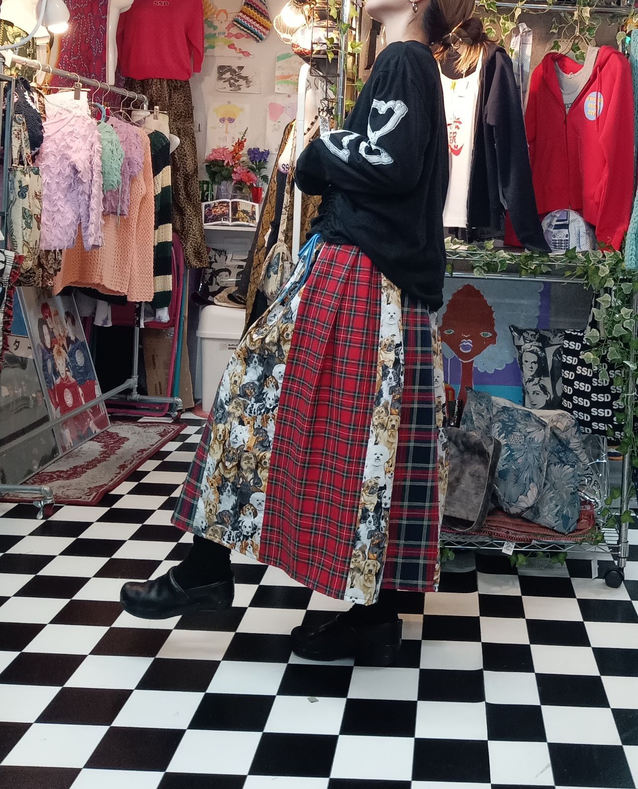 人気 USAcotton 犬柄×タータンチェックミックス フレアプリーツロング