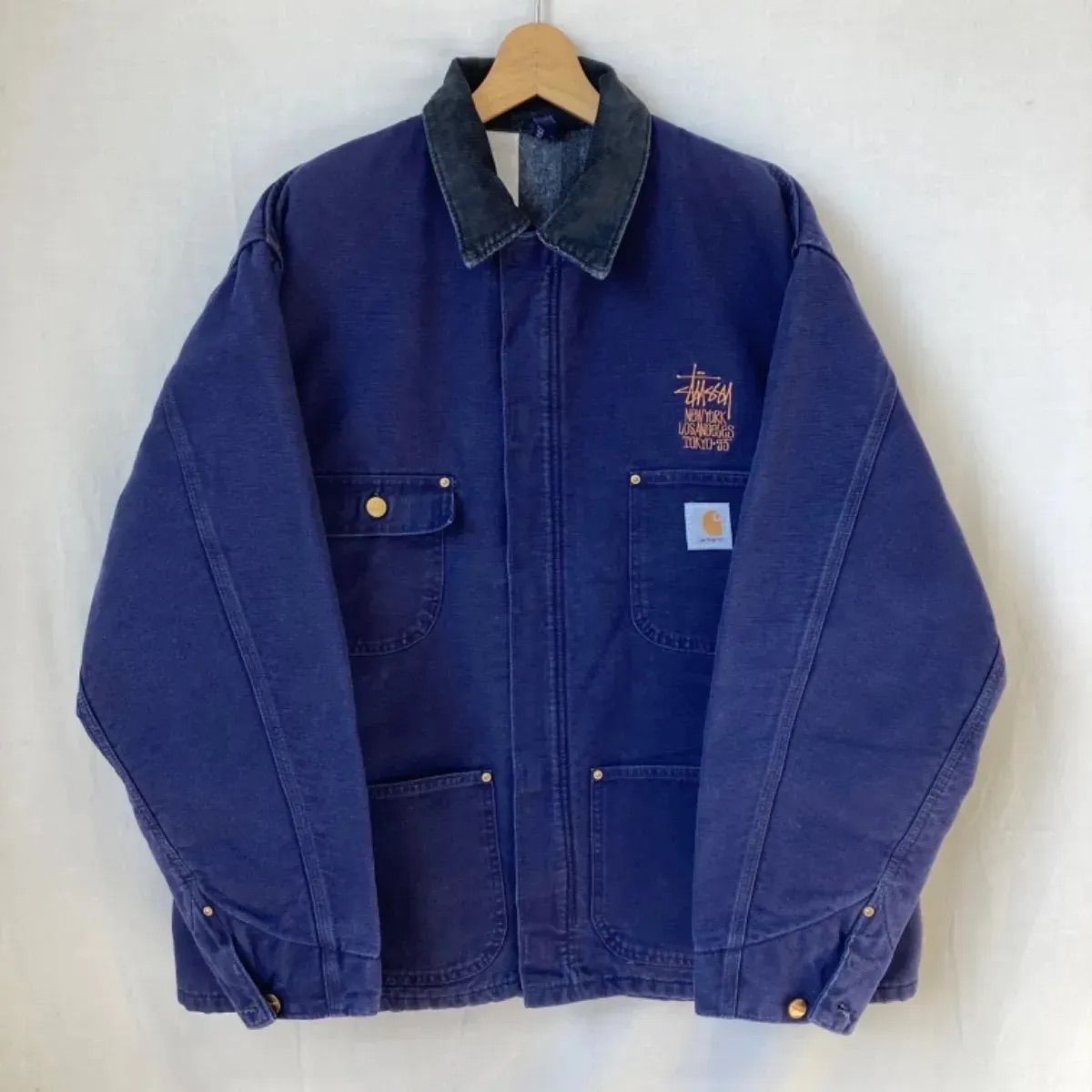 Carhartt カーハート × Stussy ステューシー コラボレーション ダック ジャケット カバーオール コーデュロイ ウール ライニング  フェード ネイビー ナス紺 TOKYO 1993 L XL