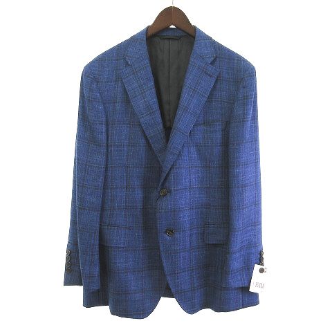 ダーバン DURBAN タグ付き テーラードジャケット チェック シングル シルク リネン混 ネイビー 紺 98BB4