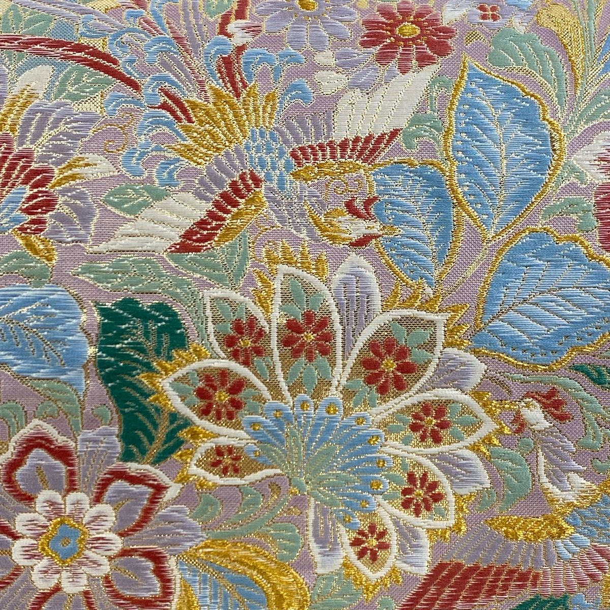 袋帯 美品 秀品 草花 鳥 刺繍 金糸 薄黄 全通 正絹 【中古