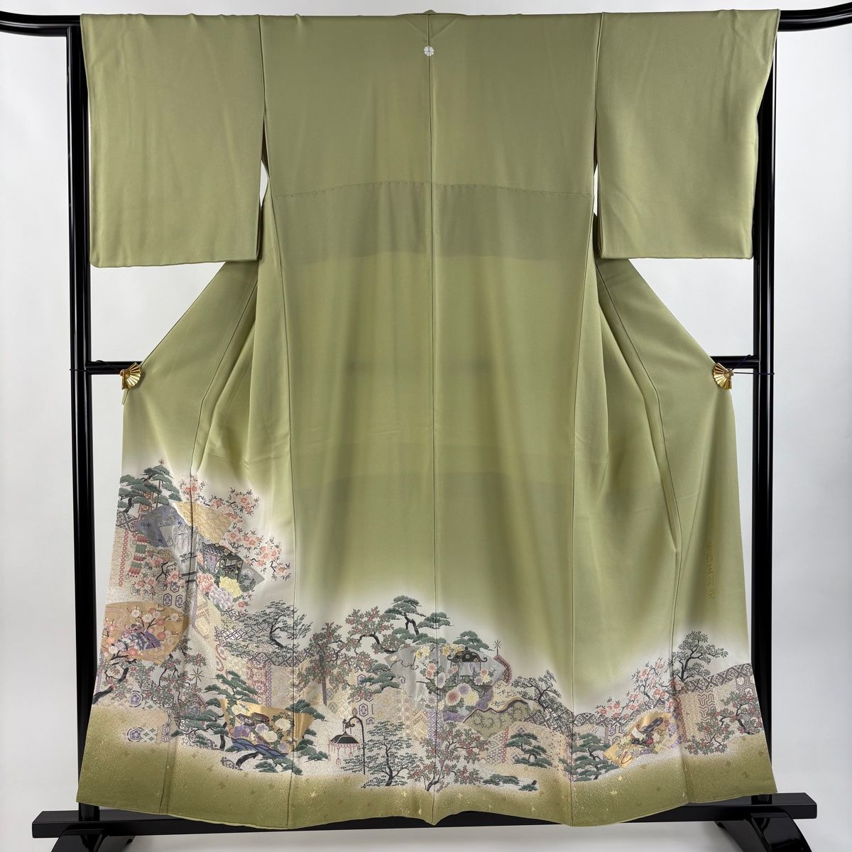 色留袖 身丈156.5cm 裄丈65.5cm M 袷 典雅王朝図 ほていや 扇面 御所車 金銀糸 ぼかし 薄緑 正絹 秀品 一つ紋