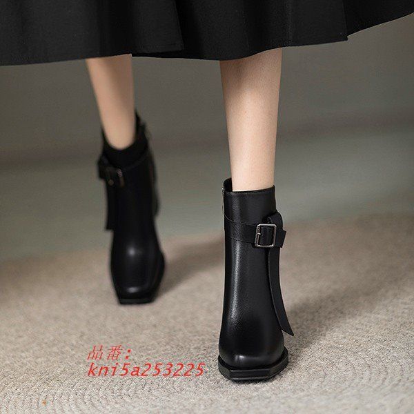ショートブーツ レディース チャンキーヒール 美脚 サイドジップ ショート kni5a253225