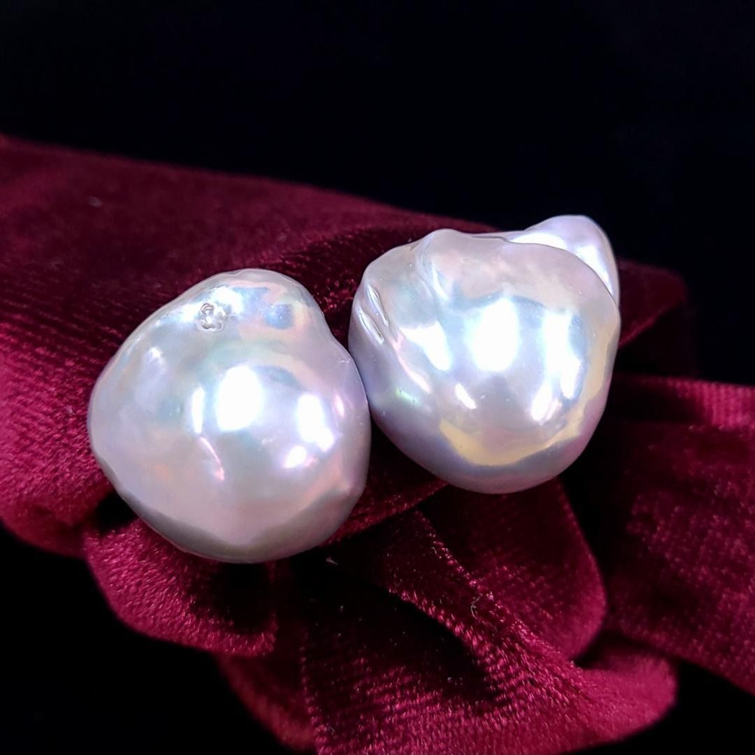 虹色 バロックシェイプ 淡水 パール 真珠 イヤリング 鑑別書付