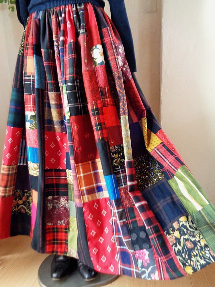 絵画なパッチワーク 大人のチェック＆フラワー ボリュームギャザースカート マキシ丈 GULLKHAN_COM