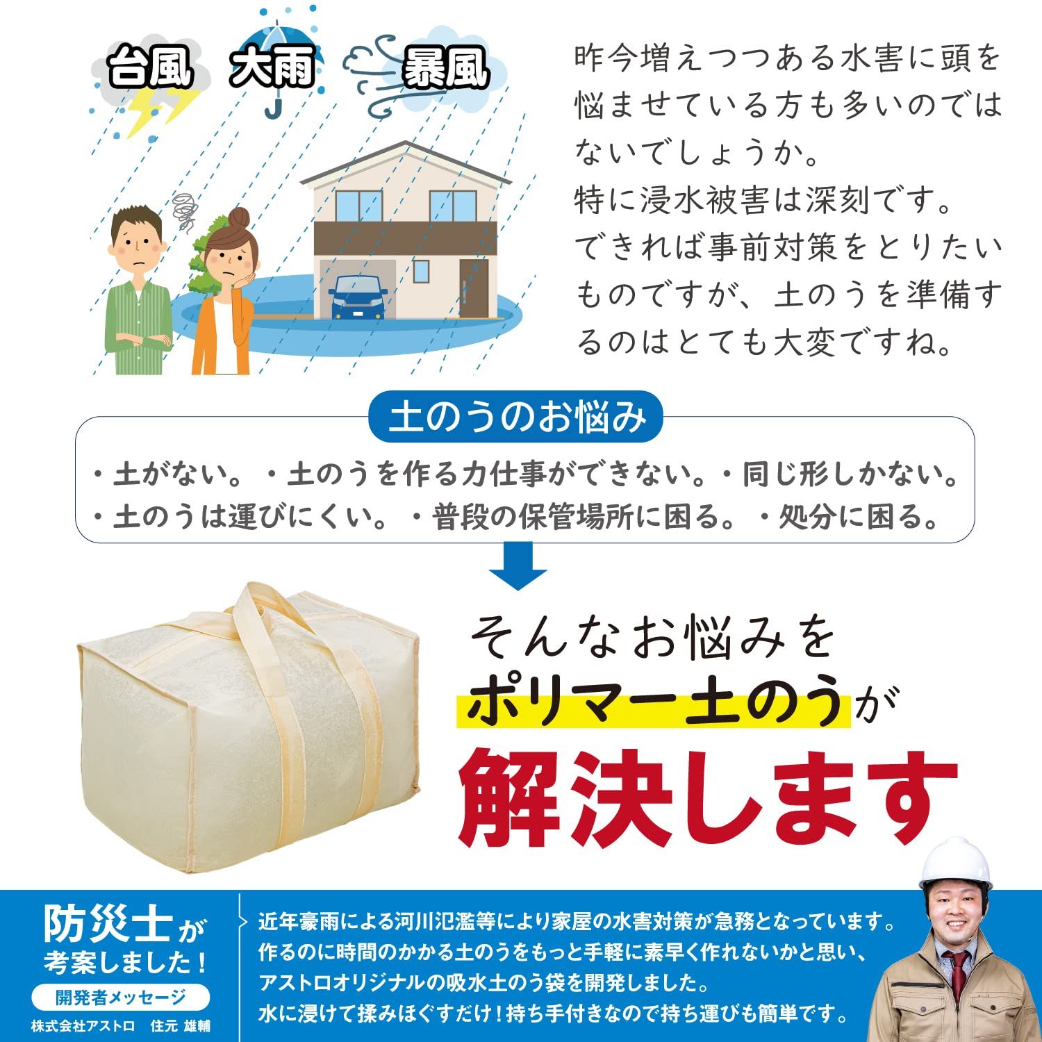 防災用品 吸水性土のう 水だけでふくらむ土を使わない 台風、大雨、浸水