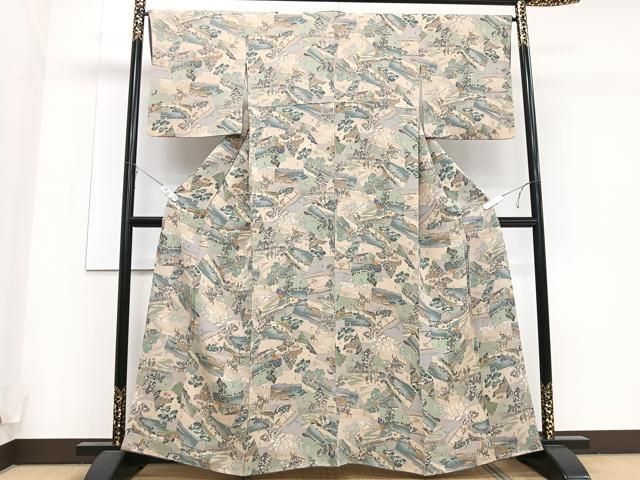 正絹　上質な小紋　単衣　人物風景　鬼しぼ縮緬　身丈156　裄66 平和屋着物□上質な小紋 人物風景文 鬼しぼ縮緬 正絹 逸品