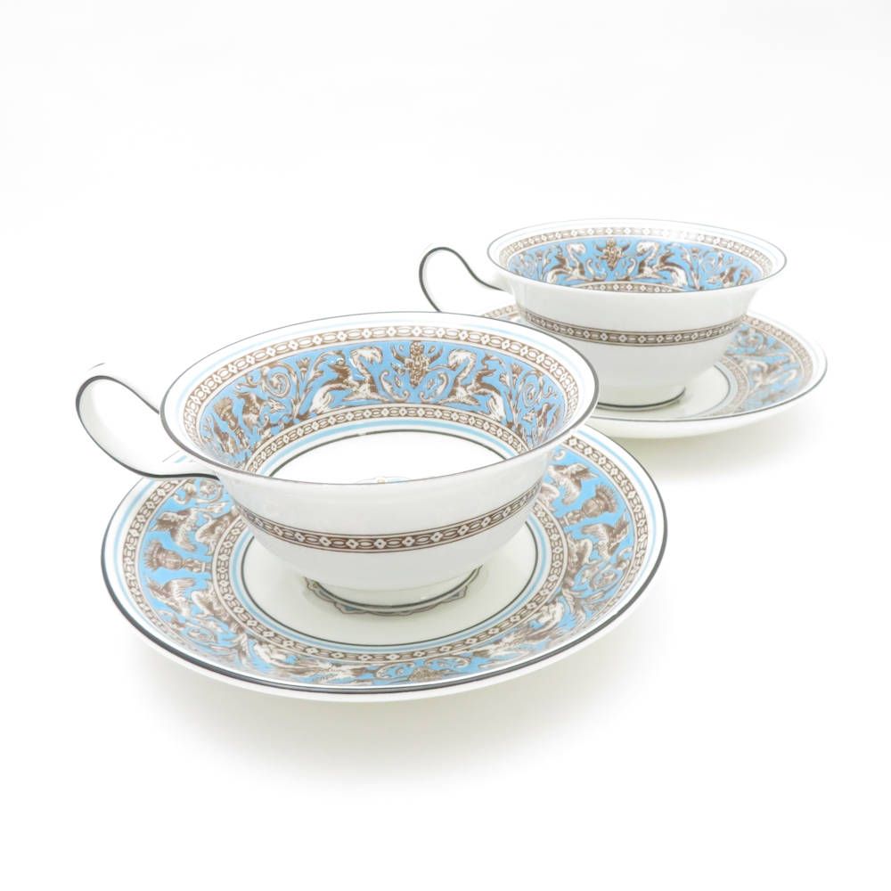 ウェッジウッド フロレンティーンターコイズ ティーカップ＆ソーサー 2客 ペア ピオニー 黒壺