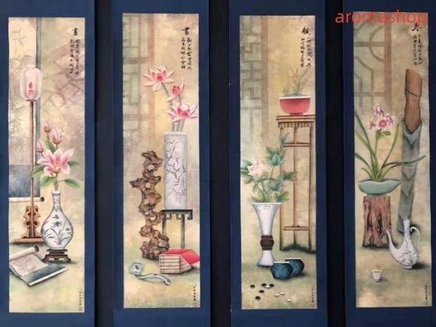 店長勧め 中国美術 掛軸 4点セット 静物画 花絵柄 鑑賞 巻物 中堂画 装飾 立軸