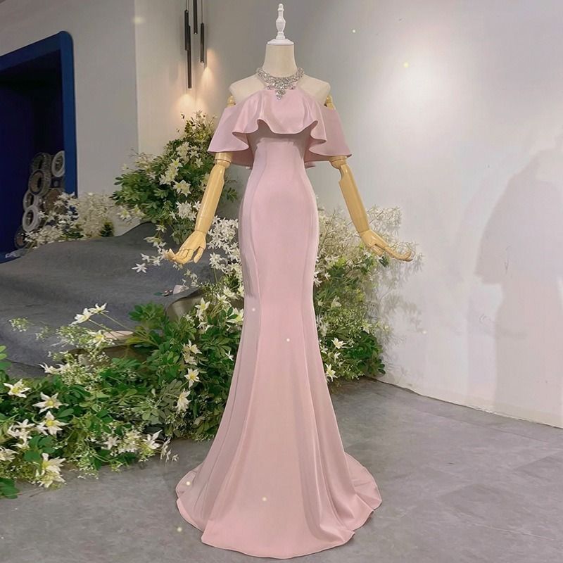 ドレス ピンク カクテルドレス ロングドレス パーティードレス 発表会 演奏会 ステージドレス イブニングドレス オフショルダー 袖付き マーメイドライン