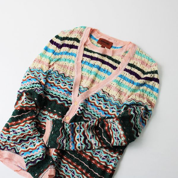 【美品】ミッソーニマルチボーダー柄 薄手 ニットカーディガン レディース MISSONI ミッソーニ マルチボーダー柄 透かし アンサンブル