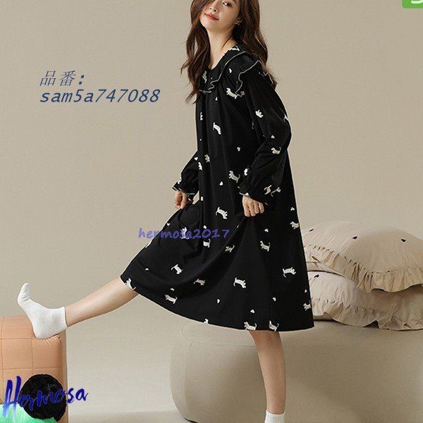  春秋 ネグリジェ レディース パジャマ ルームワンピース コットン 綿 カジュアル 薄手 肌に優しい ロング丈 犬柄 家着 長袖 ゆったり am 5 a 747088 ベビーサンダル ベビーシューズ