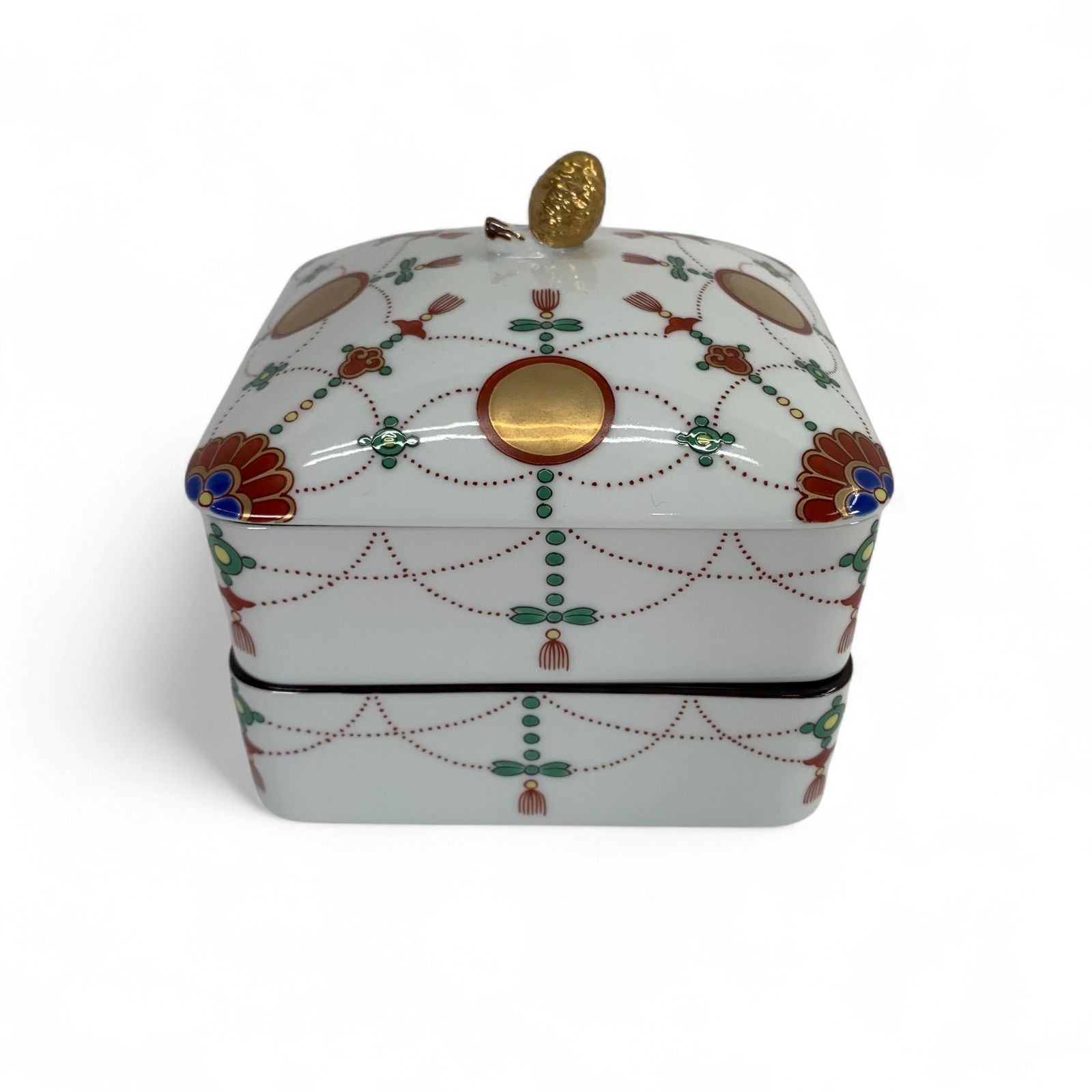 角二段重 錦日輪赤玉瓔珞文 有田焼 重箱