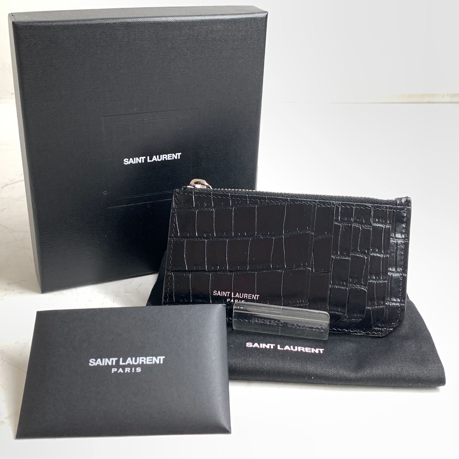 f001 C SAINT LAURENT サンローラン パリ フラグメントケース 609362 カード コインケース ブラック クロコ型押し 保存袋 箱