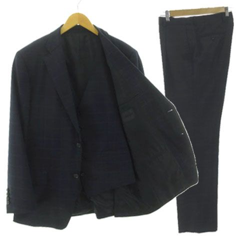 ダーバン DURBAN スリーピース スーツ セッセラ SESSERA ジャケット テーラード シングル 2B ベスト パンツ スラックス タック ウール ウィンドウペンチェック ネイビー 紺 ブルー 青 AB7 AB8