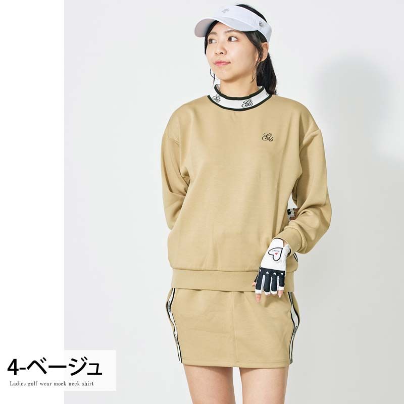 ゴルフウェア レディース 上下セットアップ gs GOLF スウェットジャージ モックネックトレーナー スカート リブロゴライン切替 おしゃれ かわいい 韓国系 秋冬 春夏 ブランド 4-ベージュ