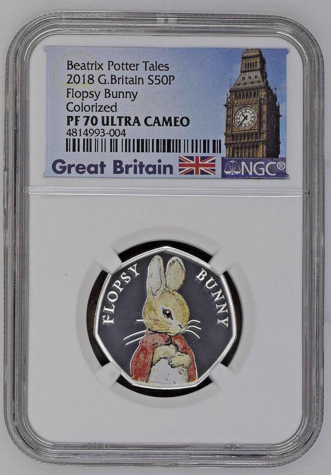 2018 Great Britain 50p Flopsy Bunny Colized Beatrix Potter NGC 70 Ultra Cameo