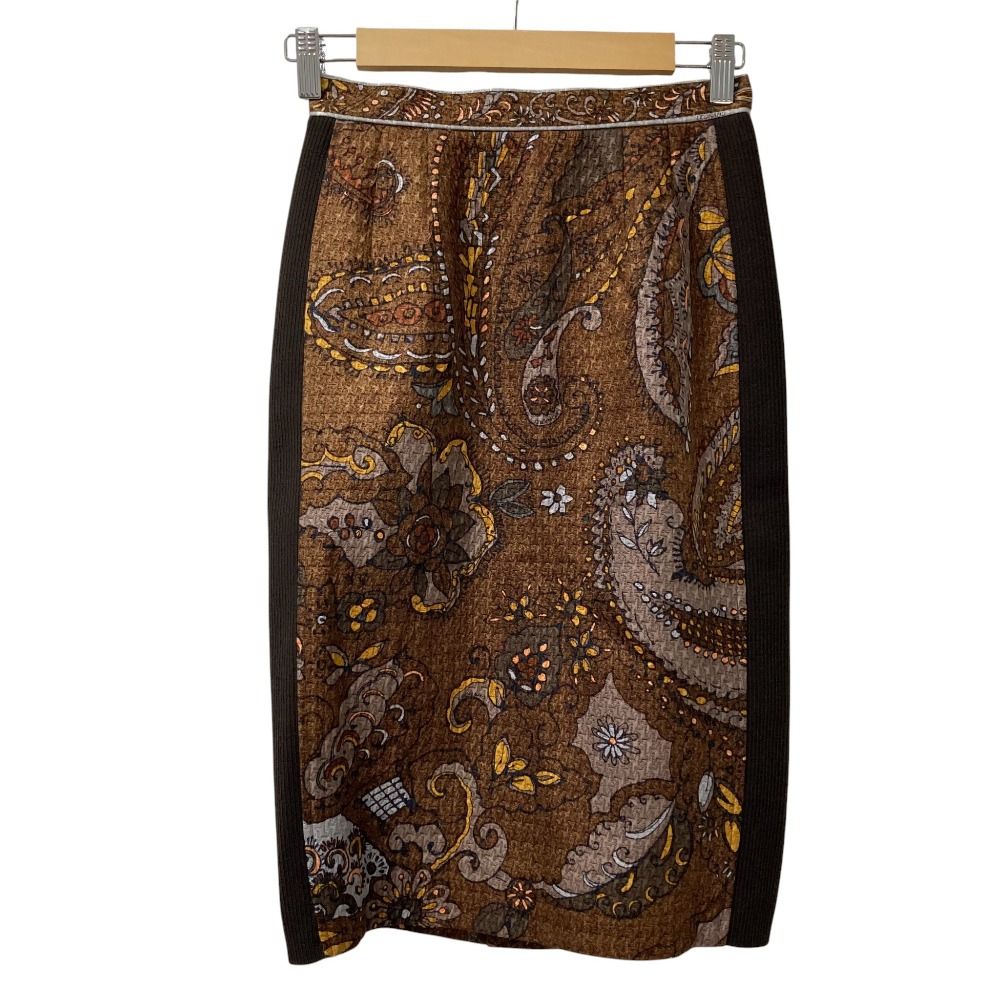 LEONARD レオナール ペイズリープリント サイドリブ タイトスカート サイズ64-91 ブラウン レディース 古着