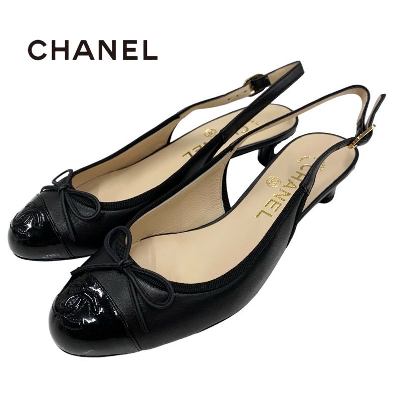 シャネル CHANEL パンプス 靴 シューズ レザー パテント ブラック 黒 サンダル ココマーク スリングバック リボン