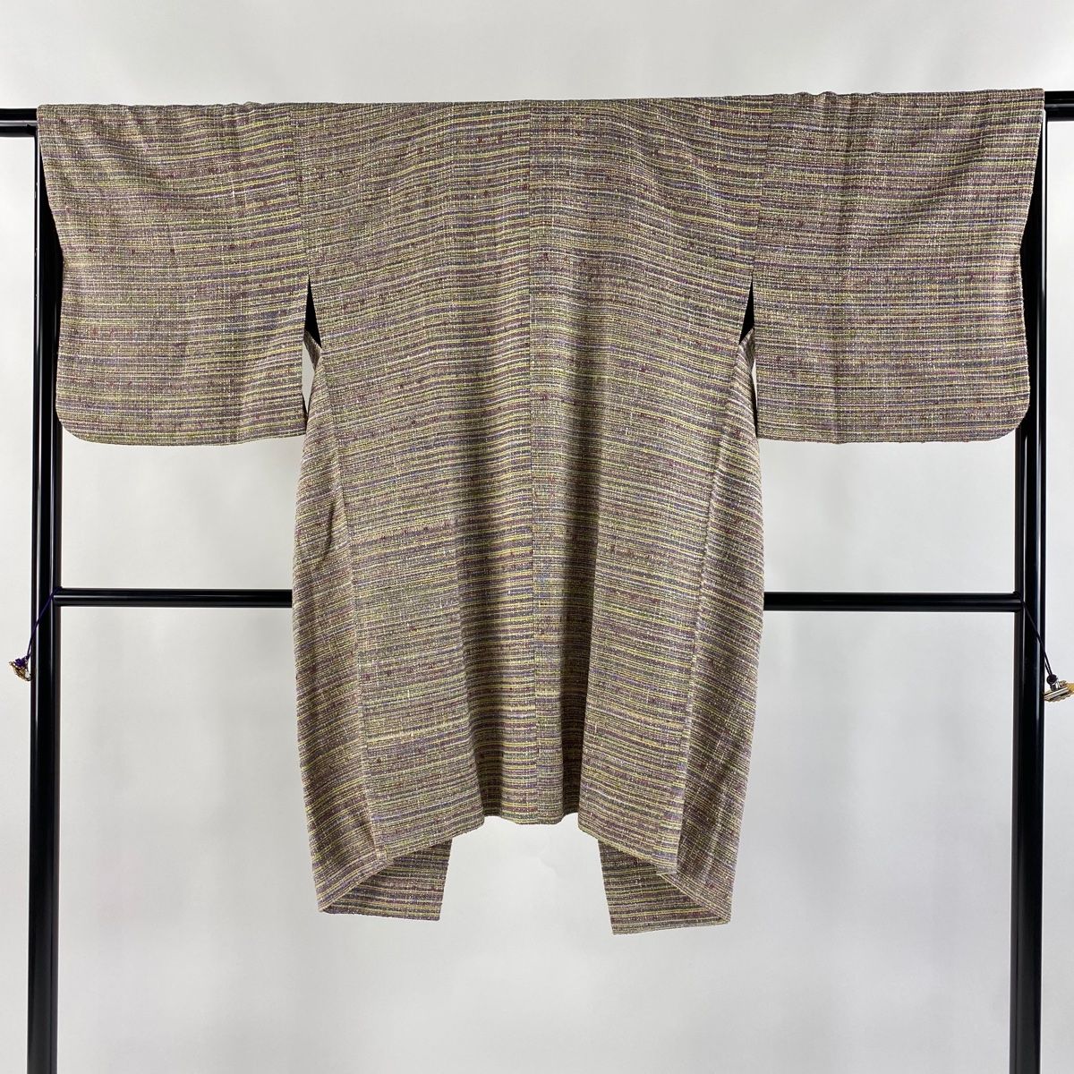 道中着 身丈100cm 裄丈65.5cm M 和装コート 落款 証紙 縞 銀通し 灰紫 正絹