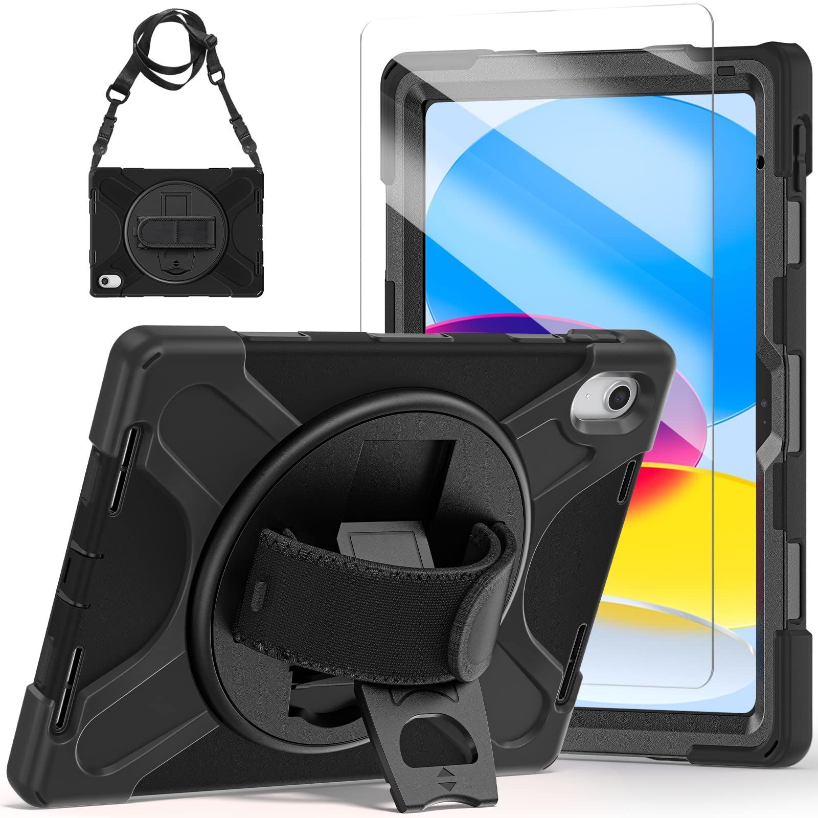 新品 Herize iPad 11世代/10世代 ケース 10.9インチ 2025/2022 発売 保護ファイル付き ハンドストラップ ショルダーストラップ付き 360度回転可能なスタンドで横置きと縦置き可能 ペンホルダー内蔵 