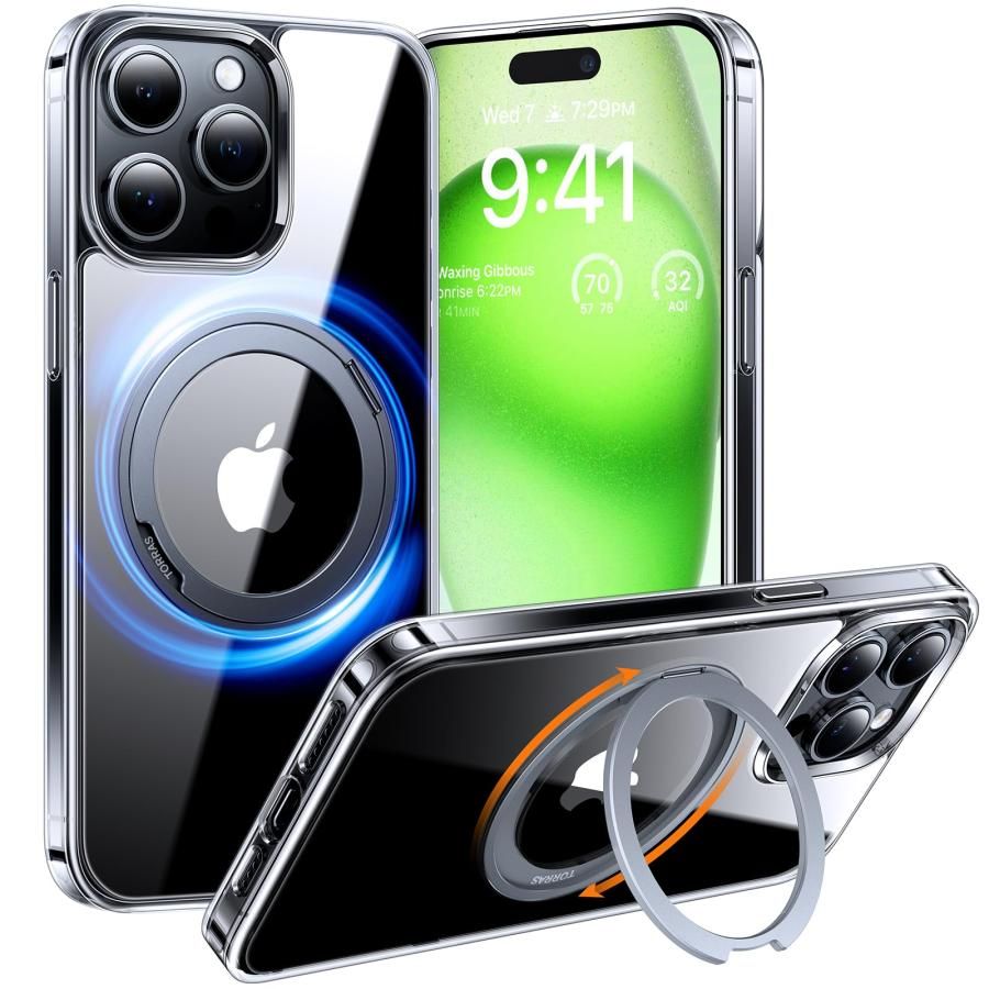 透明永続の魅力 色褪せぬ美しさ TORRAS iPhone 15 Pro Max 用 ケース 360度回転できるスタント 縦横両対応 Halbac