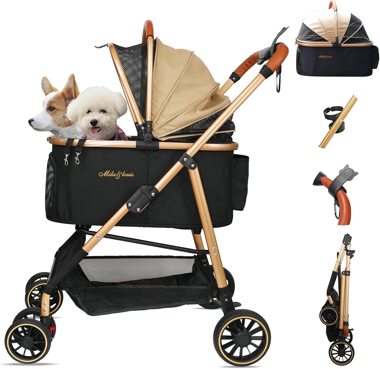 MILAu0026LOUIS ペットカート分離型 取り外し可能 軽量ファッション 犬 カート4輪耐摩耗 犬用カート 犬 バギー ワンタッチ折りたたみ ペットバギー 衝撃吸収ユニバーサルホイール後輪片足ブレ
