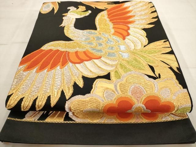 平和屋着物◎六通柄袋帯 唐織 鳳凰花文 黒地 金銀糸 正絹 逸品