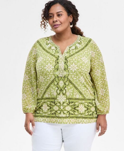 売れ筋商品|||ジェイエムコレクション カットソー トップス レディース Plus Size Printed Embellished Top, Exclusively at Macy's Palm Frond JM Collection Plus Size 3/4-Sleeve Jacquard Top, Created for