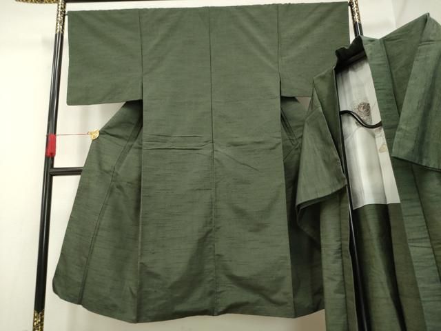 平和屋着物男性　紬　アンサンブル　黒緑色　正絹　逸品　AAAO1270ck