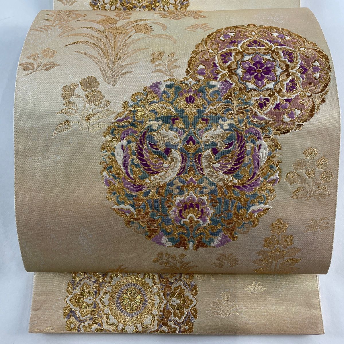 袋帯 じゅらく 落款 じゅらく帝王紫 向かい鳳凰 華文 刺繍 金糸 金色 お太鼓柄 正絹