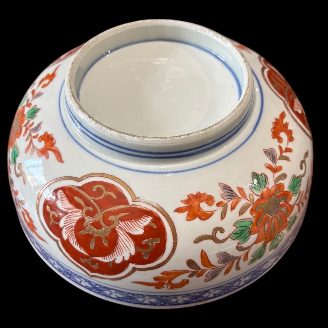 明治時代 希少 手描き 赤絵 大鉢 煮物鉢 アンティーク 骨董 扇文 和