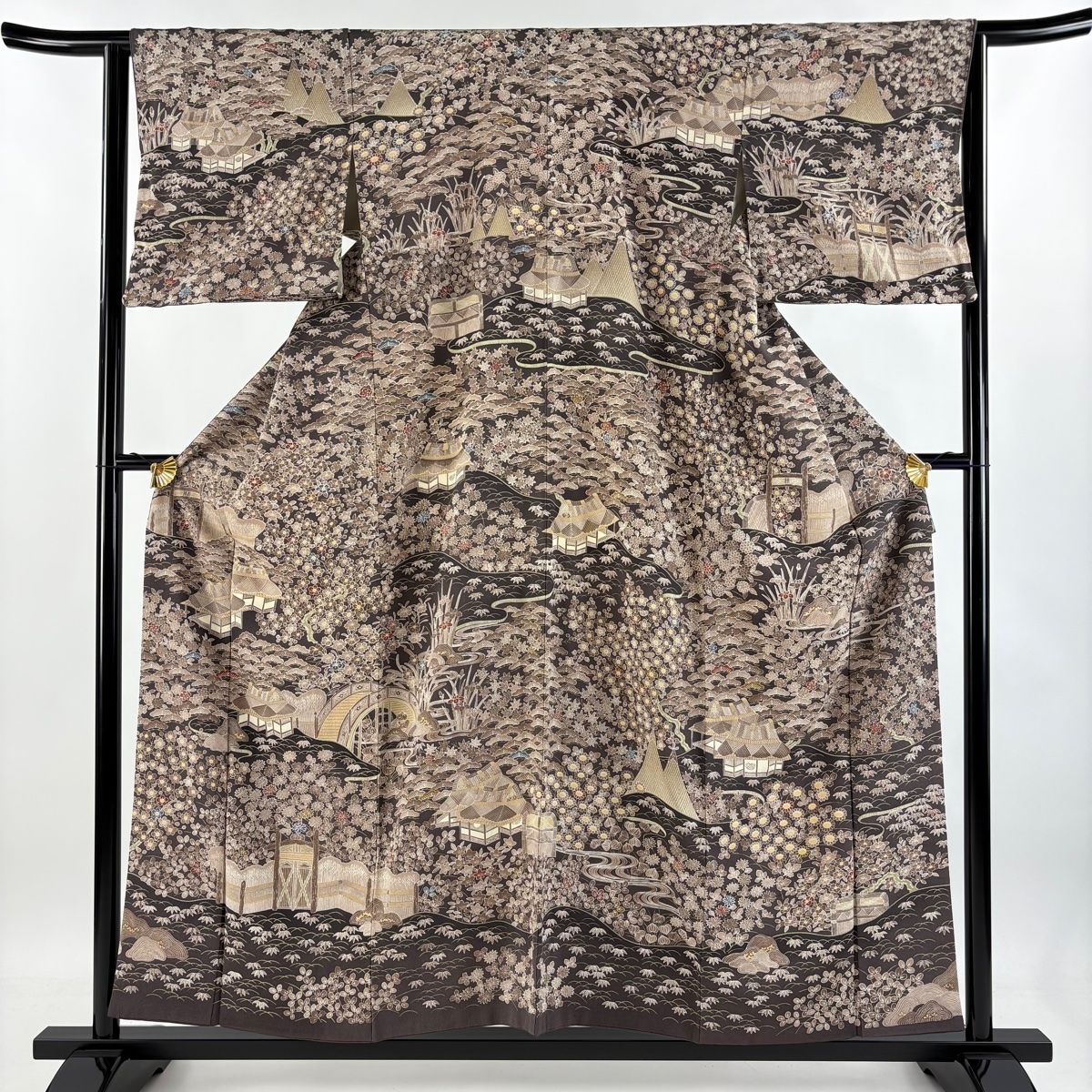 訪問着 身丈156cm 裄丈63.5cm S 袷 ますいわ屋 松竹梅 家屋 茶紫 正絹 秀品