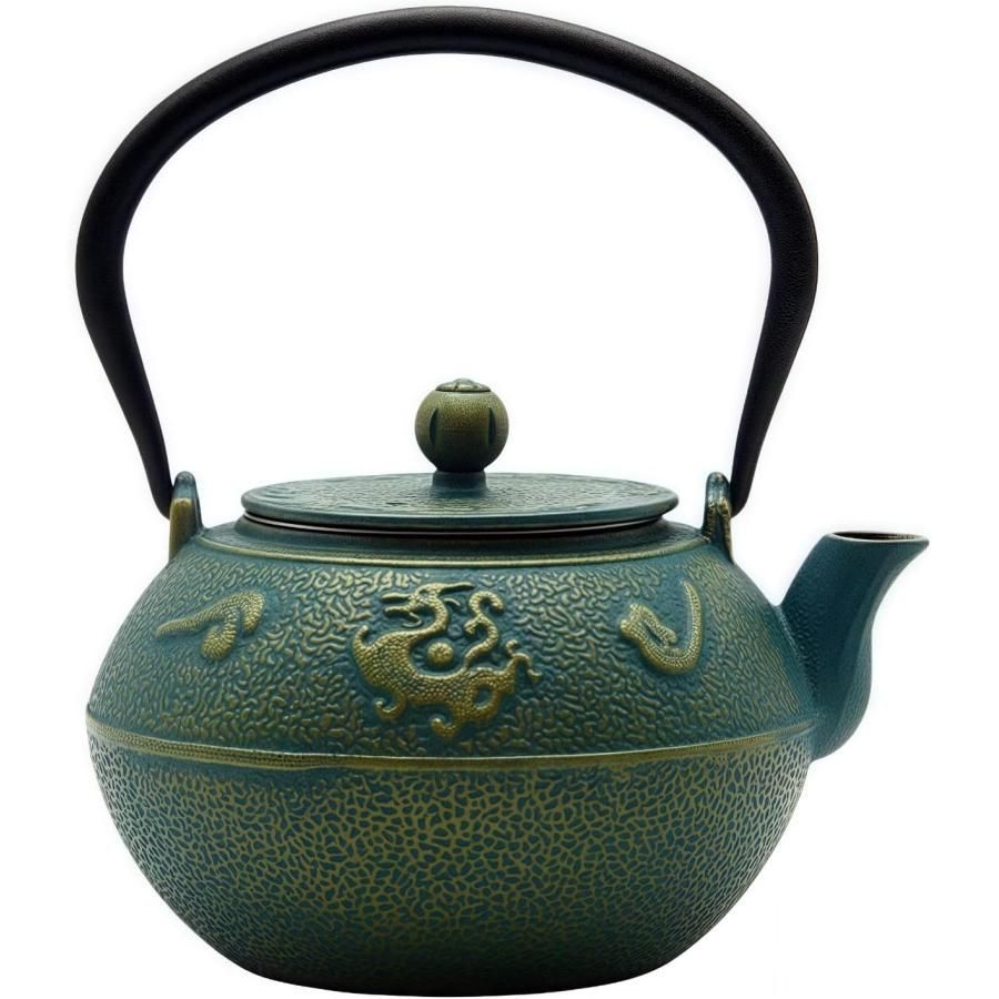 鉄器 焼鉄瓶 茶道道具 急須 鉄製 1200ml 茶こし付きティーセット 直火加熱 お茶やコーヒーを淹れる伝統的な金縁模様 内面ホーロー加工
