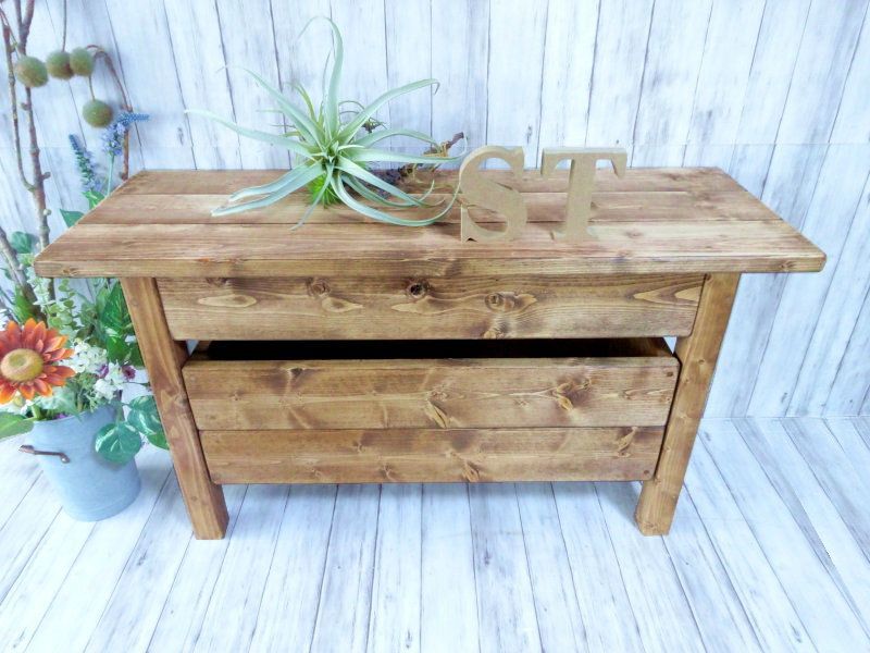 ハンドメイド ショートベンチ 収納ボックス チーク色