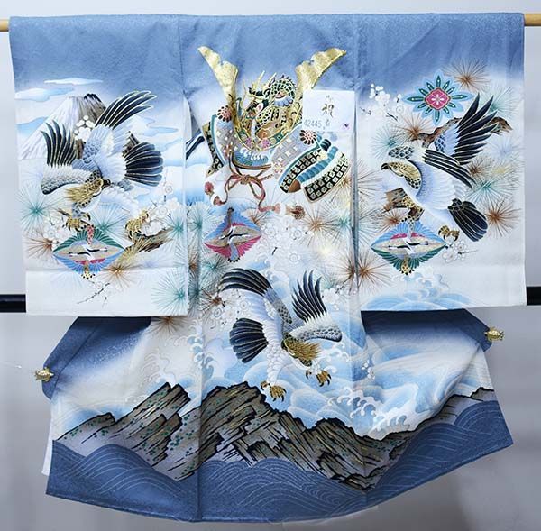 お宮参り 産着 のしめ 男児 正絹 綸子地 金刺繍 抹茶色 兜 NO40980 お宮参り 産着 のしめ 男児 正絹 綸子地 金刺繍 白地 鷹 龍