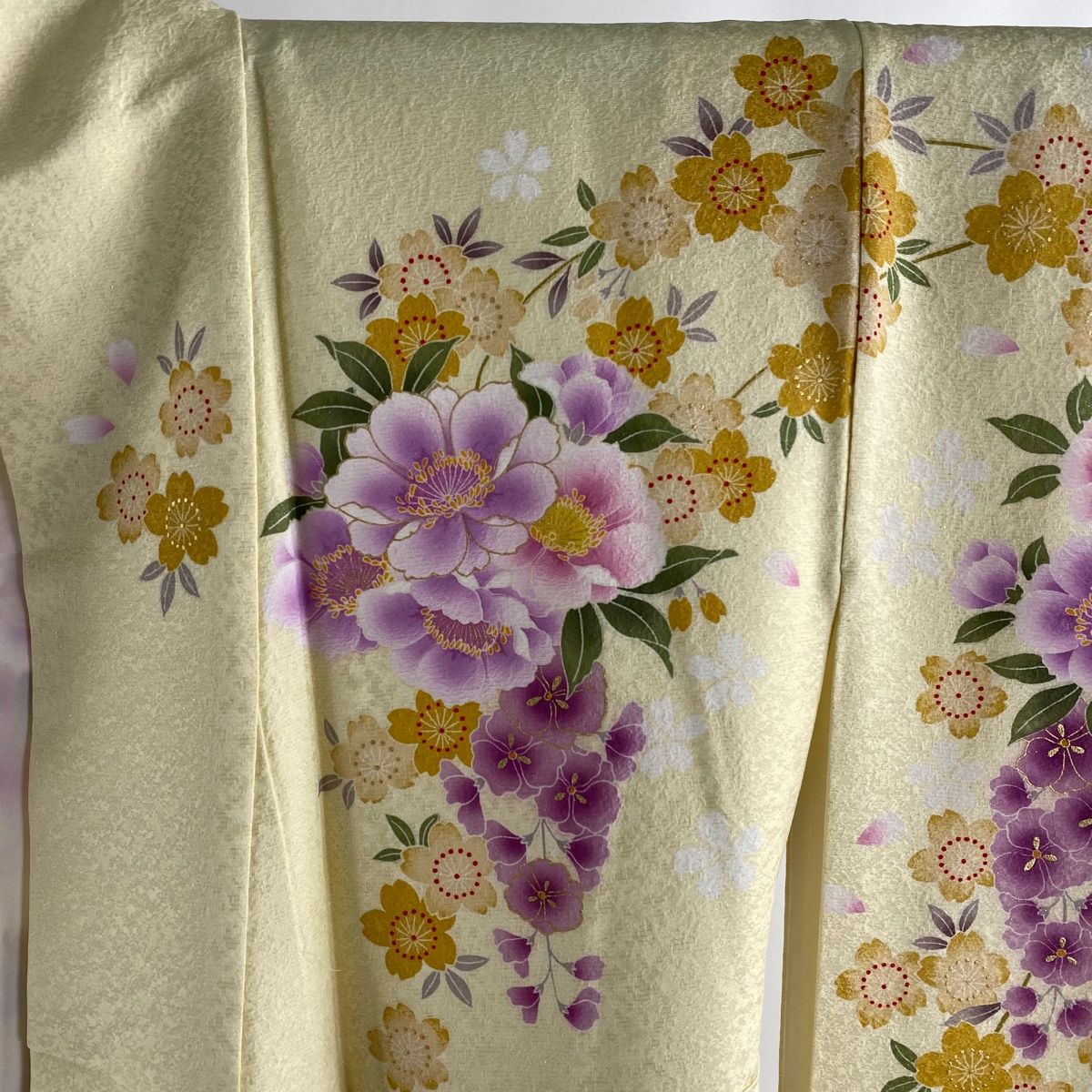 振袖 身丈158cm 裄丈63.5cm S 袷 桜 草花 金通し 金糸 薄黄