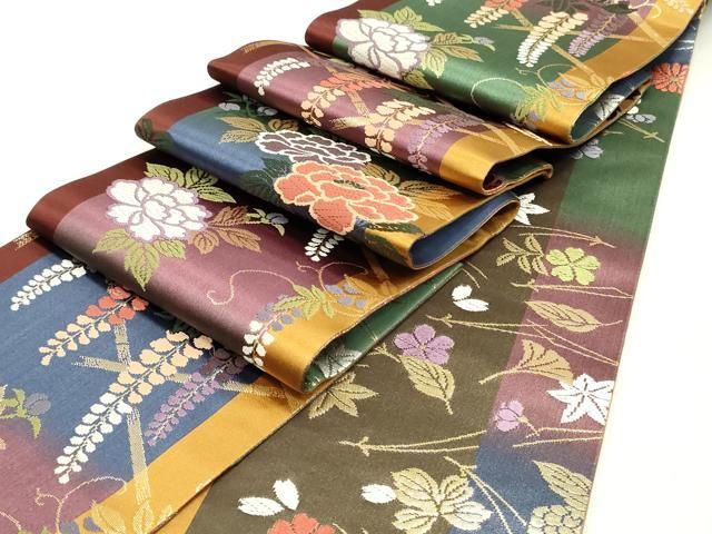 平和屋着物 両面 半幅帯 唐織 籬草花文 金糸 正絹 DAAY0196ob