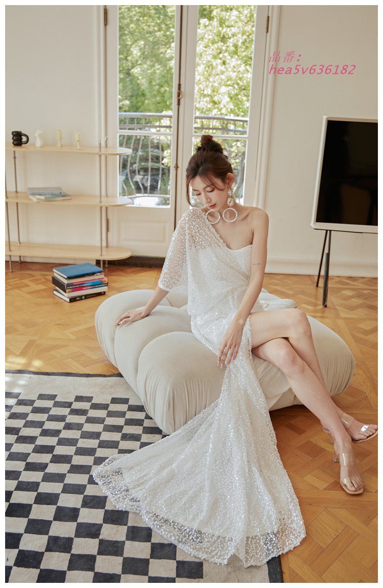 ウェディングドレス ウエディングドレス ロングドレス 二次会 結婚式 前撮り アシンメトスリット イブニングドレス ビスチェ 花嫁 パール ブライダル hea5v636182