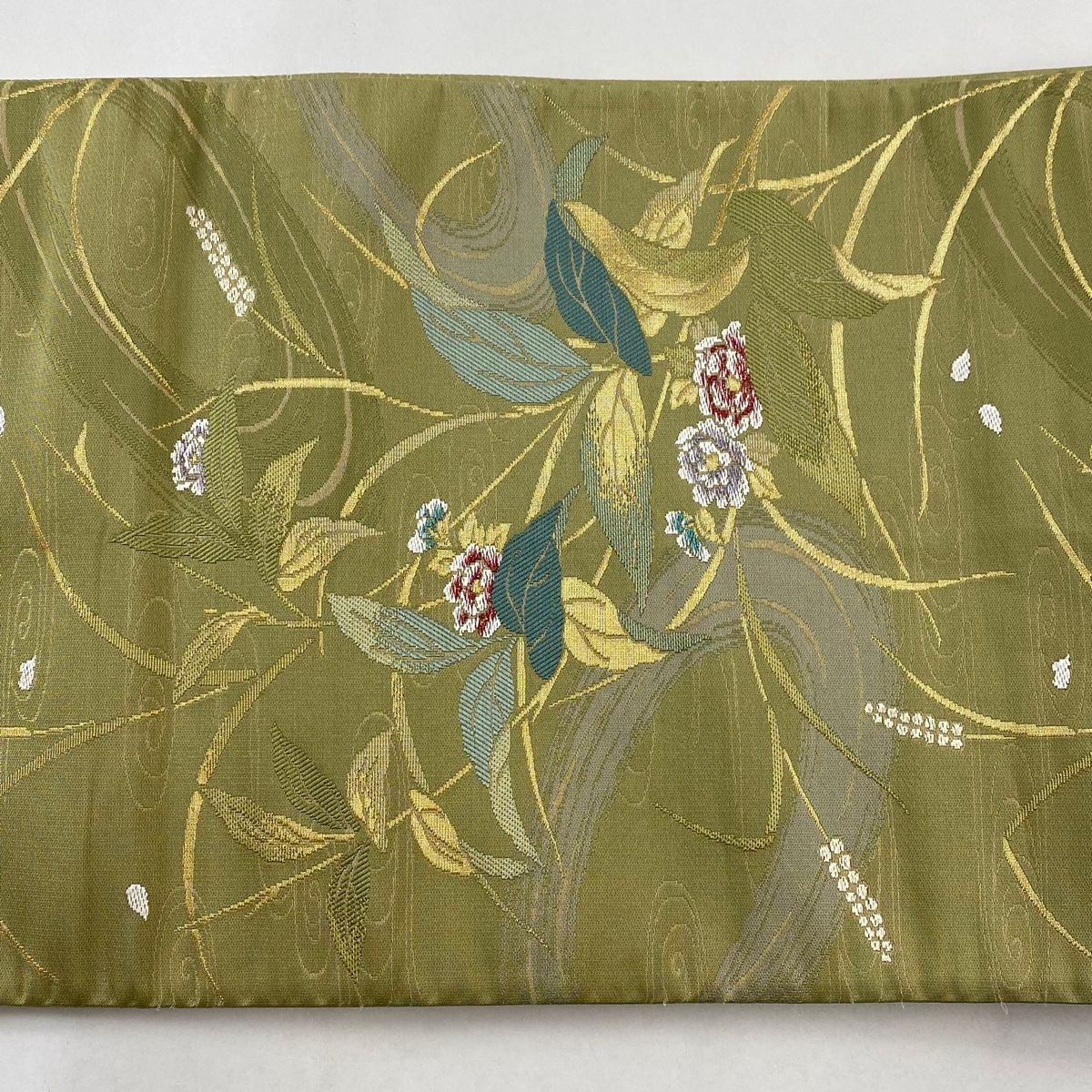袋帯 美品 秀品 花裳 草花 観世水 金糸 刺繍 灰緑 六通 正絹