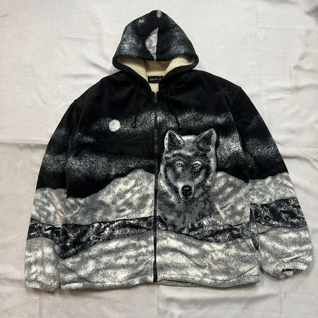 SIMRAN ボアフリースジャケット　ウルフ　アニマル　オオカミ　フルジップ　メンズ　オーバーサイズ　3XL No.A142