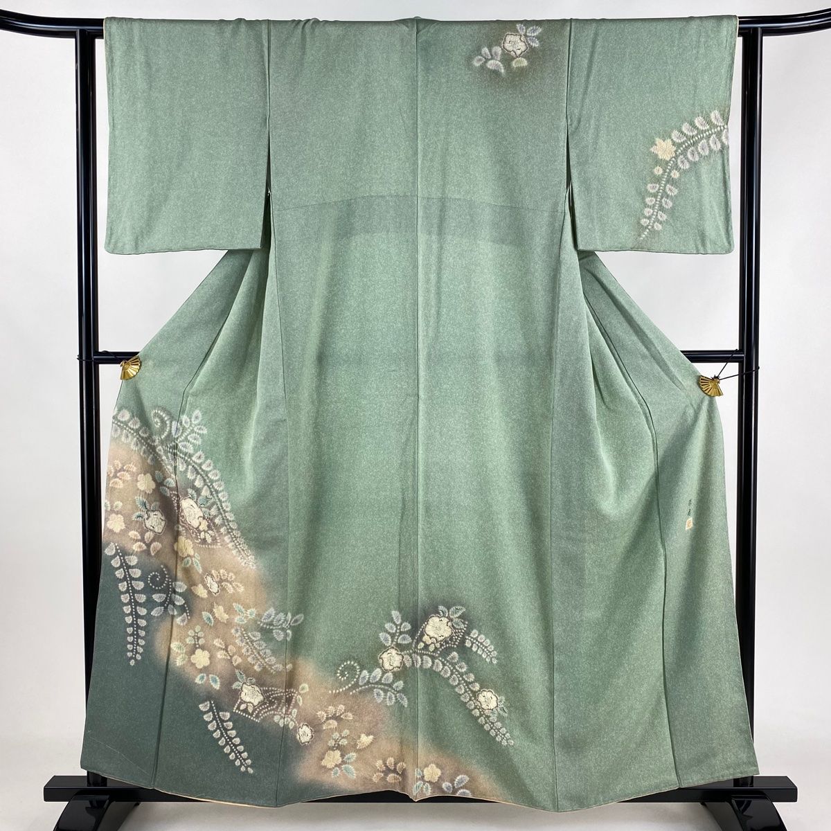 付下げ 身丈156cm 裄丈64cm M 袷 辻が花柄 ぼかし柄 銀通し 絞り 灰緑  