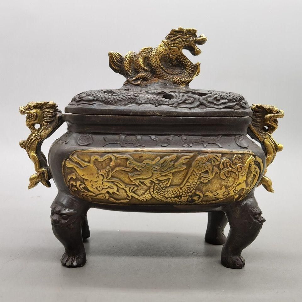 銅細工 鎏金盤竜香炉 室内香炉 香道具 装飾品 工芸品 美術品 置物