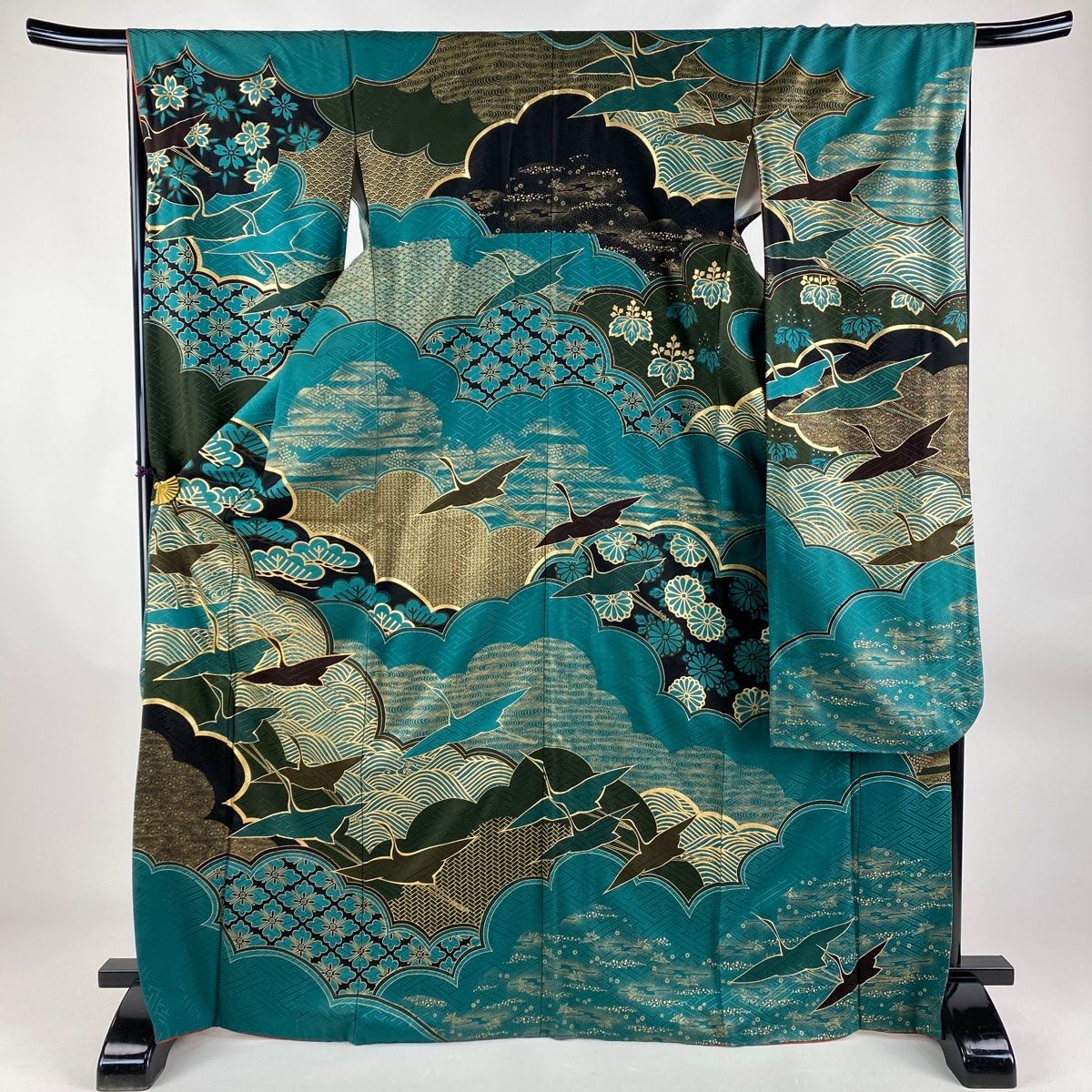 振袖 身丈169cm 裄丈66cm M 袷 鶴 波 金糸 金彩 緑 正絹 秀品 【中古  